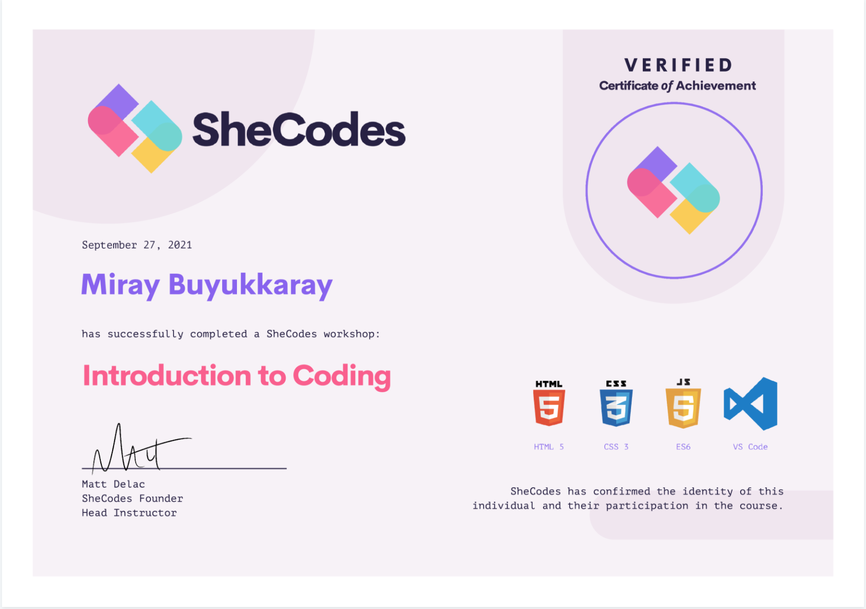 SheCodes Introduction to Coding Certificate